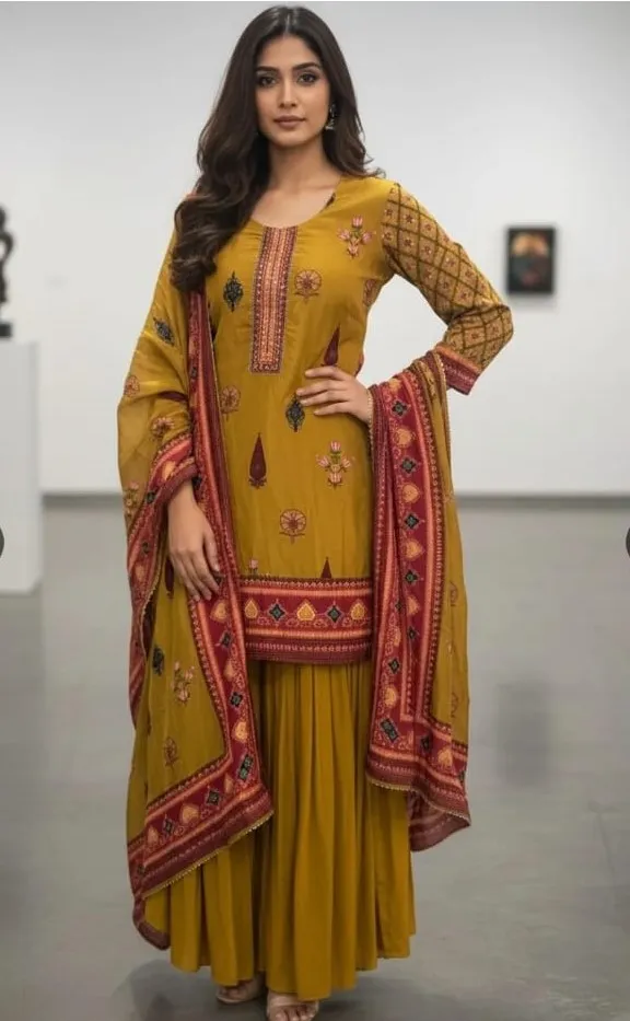 Women's Musterd Yellow Printed Sharara Suit For Women