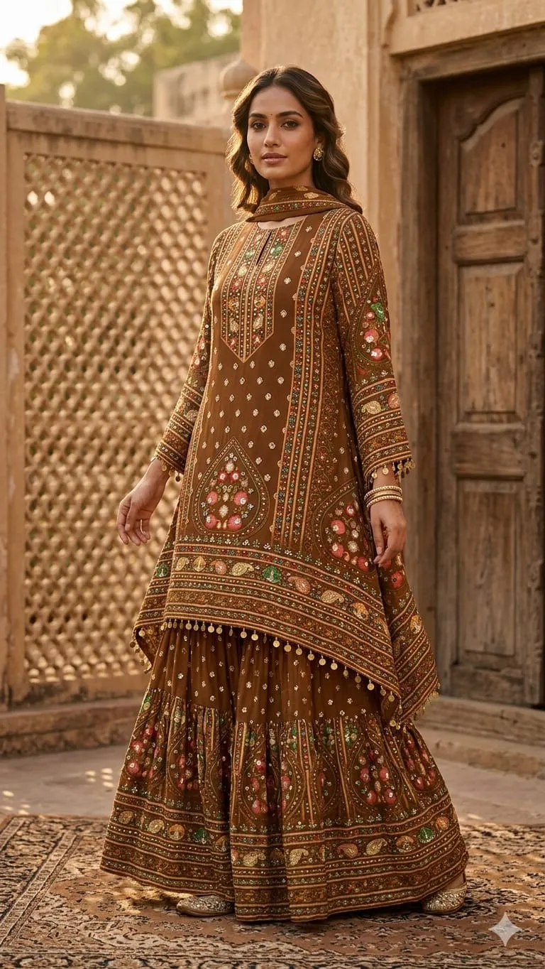 Women's Coffee Natural Crape A-line Kurta And Sharara with Dupatta