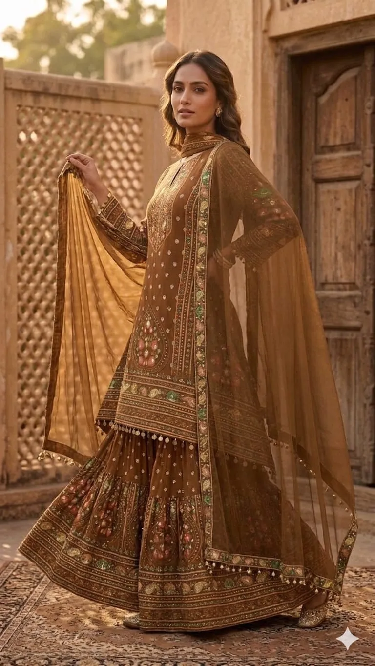 Women's Coffee Natural Crape A-line Kurta And Sharara with Dupatta