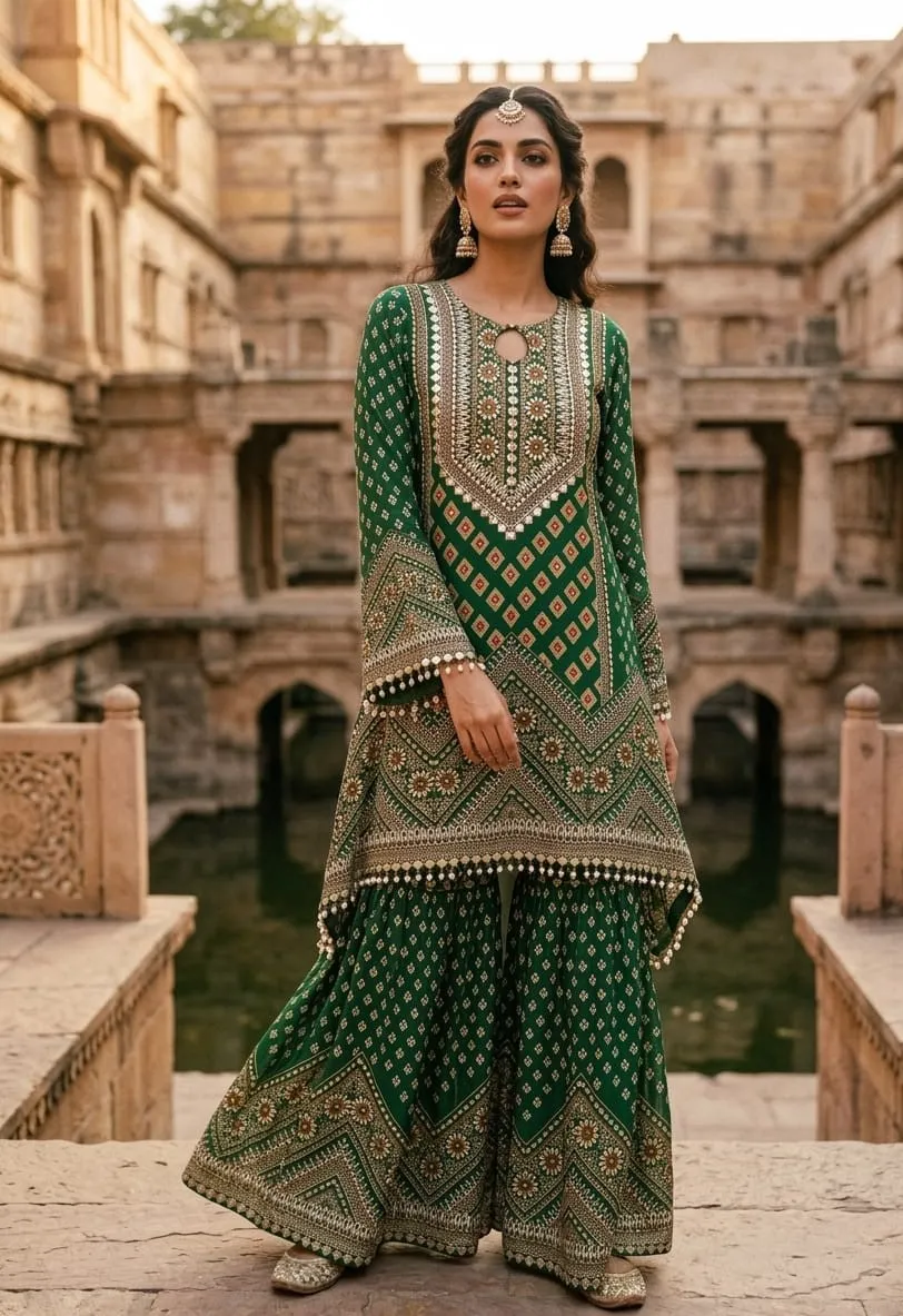 Women's Green Natural Crape A-line Kurta And Sharara with Dupatta