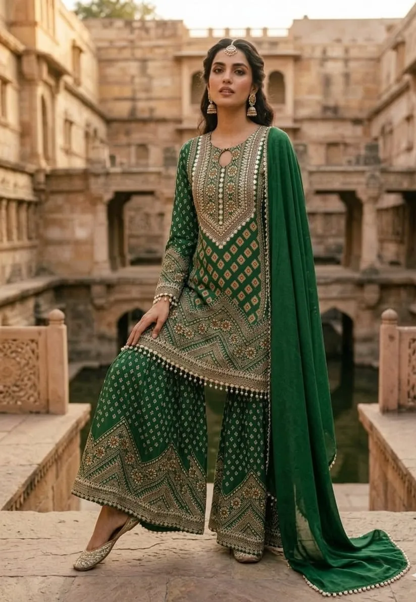 Women's Green Natural Crape A-line Kurta And Sharara with Dupatta