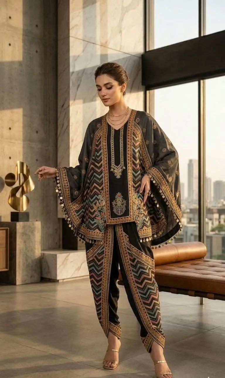 Women's Black Printed Kafftan Fusion wear Butterfly top and Dhoti