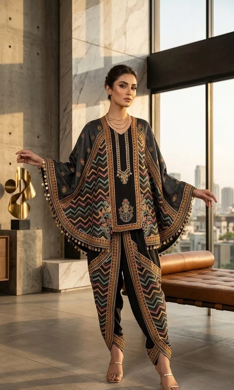 Women's Black Printed Kafftan Fusion wear Butterfly top and Dhoti