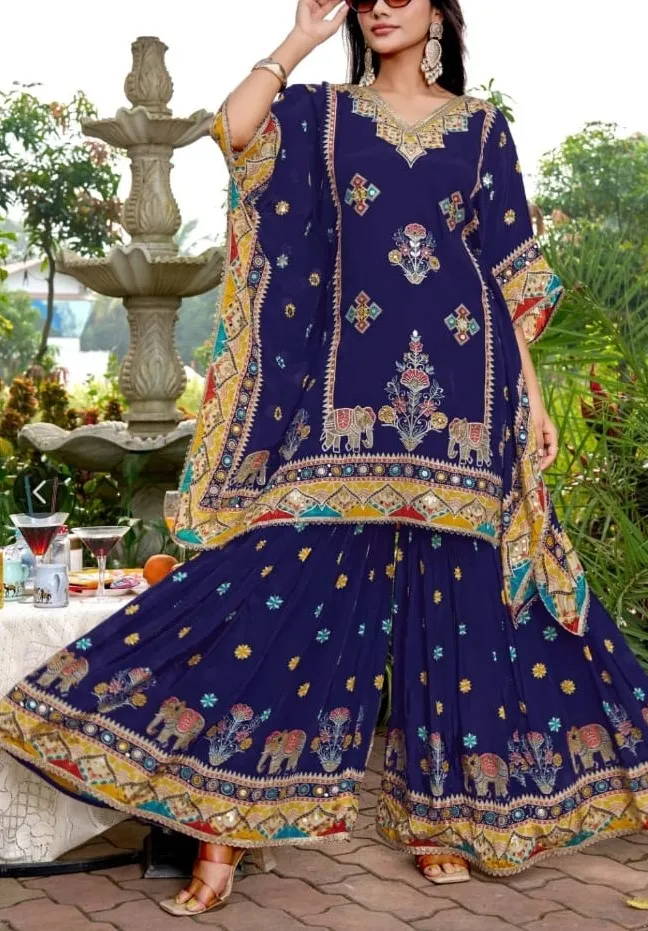 Women's Navy Blue Printed Kafftan  set  For Women