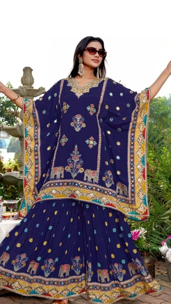 Women's Navy Blue Printed Kafftan  set  For Women