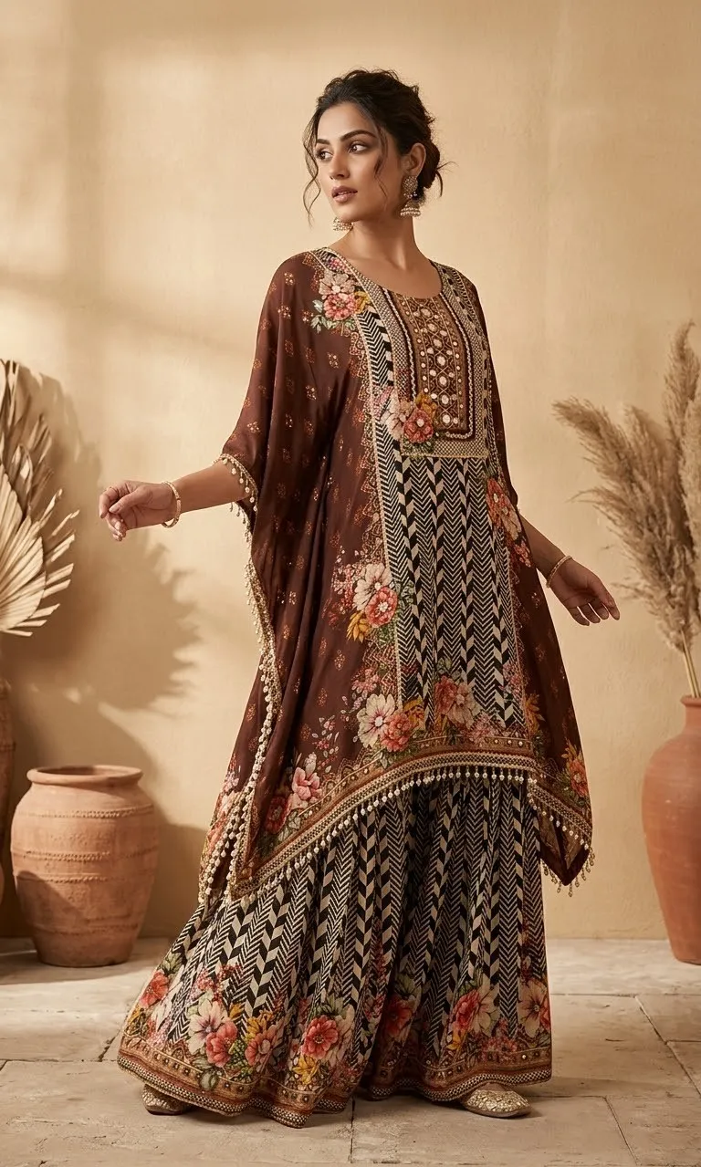 Women's Brown Printed Kafftan  set  For Women
