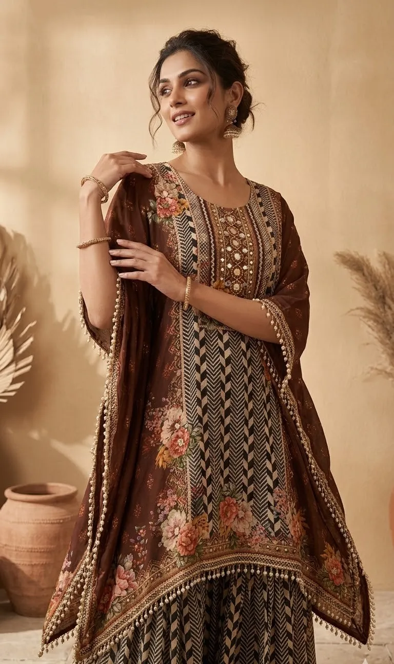 Women's Brown Printed Kafftan  set  For Women