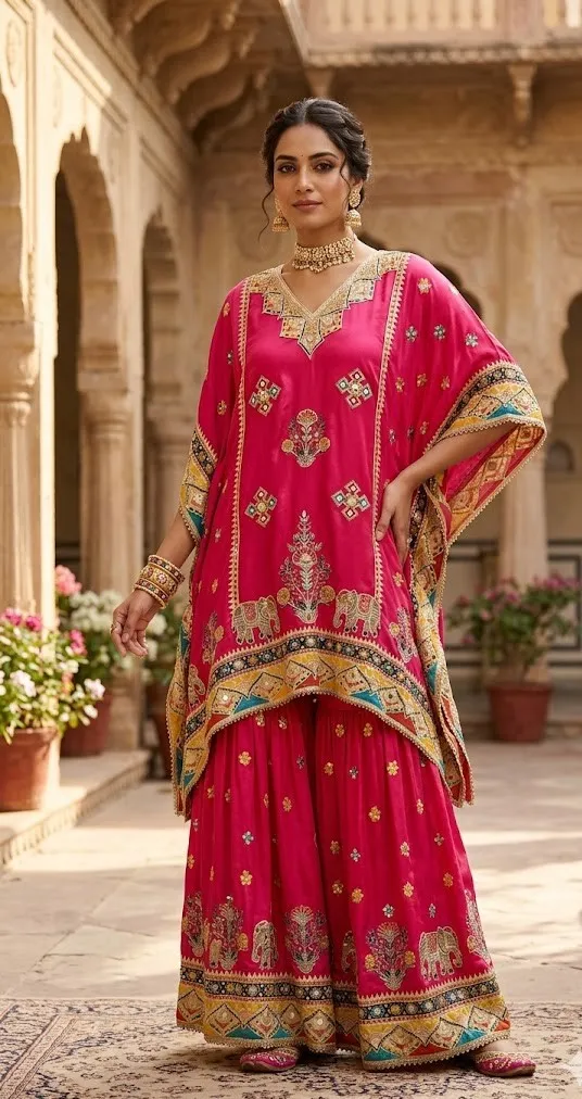 Women's Rani Pink  Printed Kafftan  set  For Women
