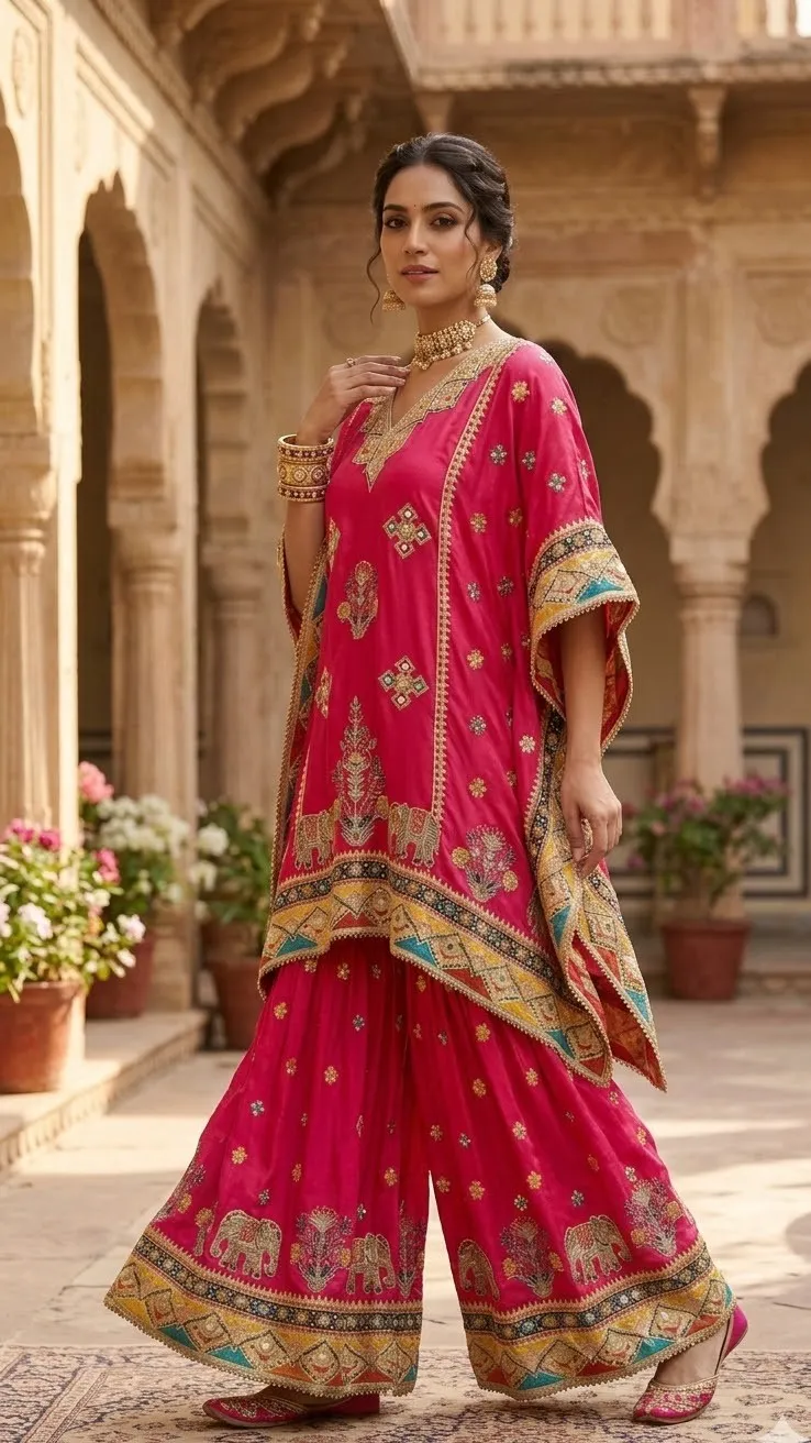 Women's Rani Pink  Printed Kafftan  set  For Women
