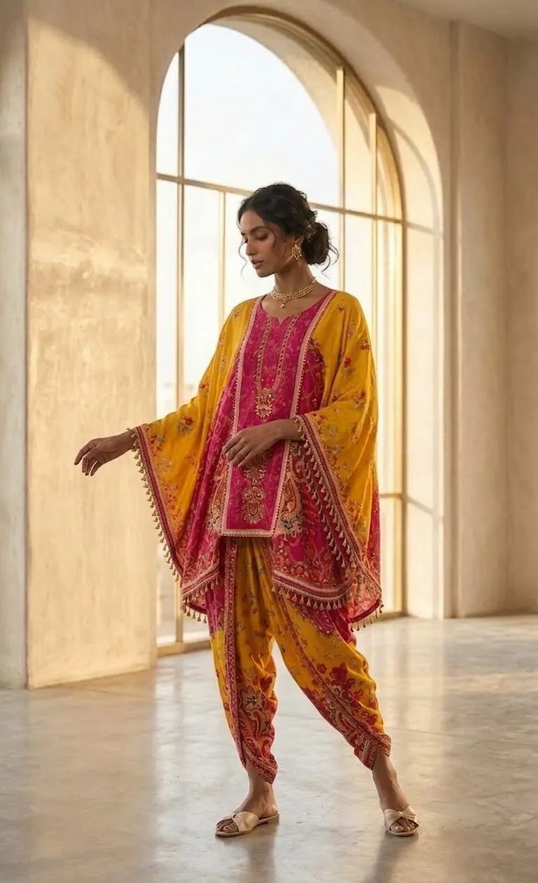 Women's Yellow-Pink  Printed Kafftan Fusion wear Butterfly top and Dhoti