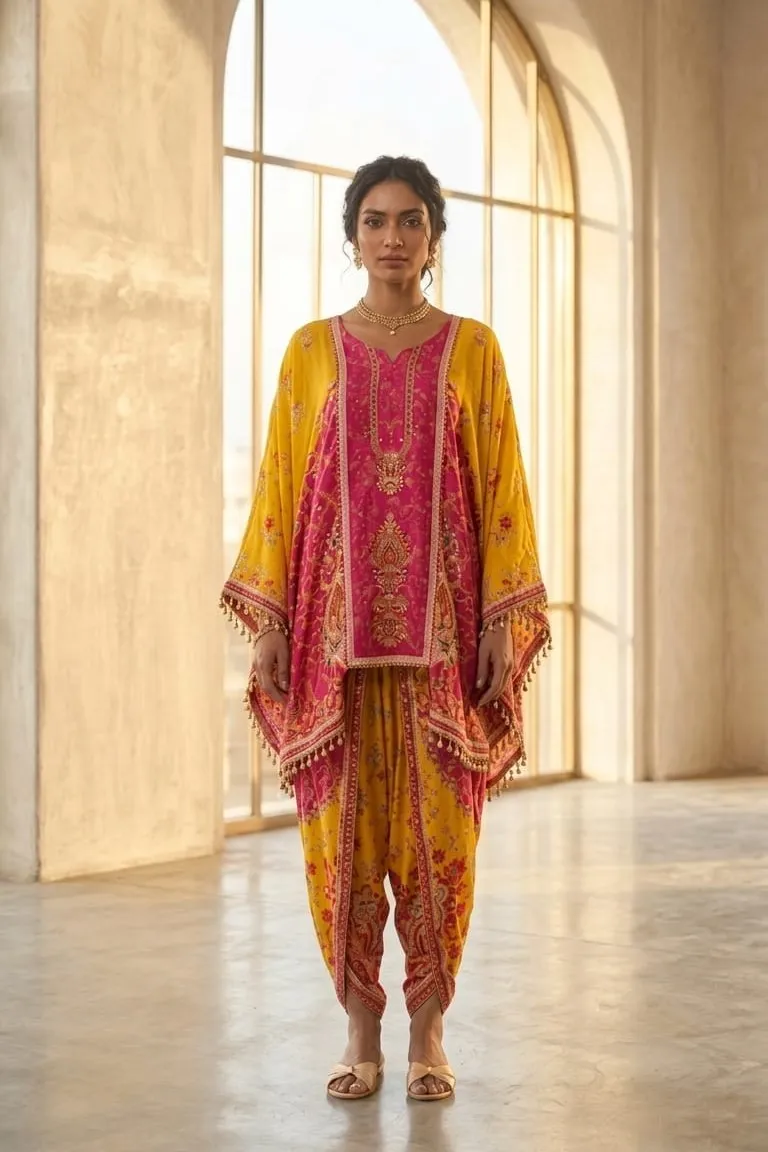 Women's Yellow-Pink  Printed Kafftan Fusion wear Butterfly top and Dhoti
