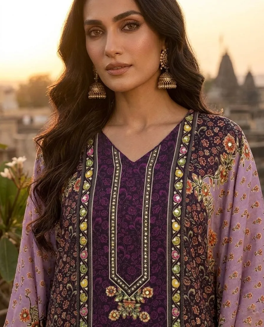 Women's Purple  Printed Kafftan Fusion wear Butterfly top and Dhoti