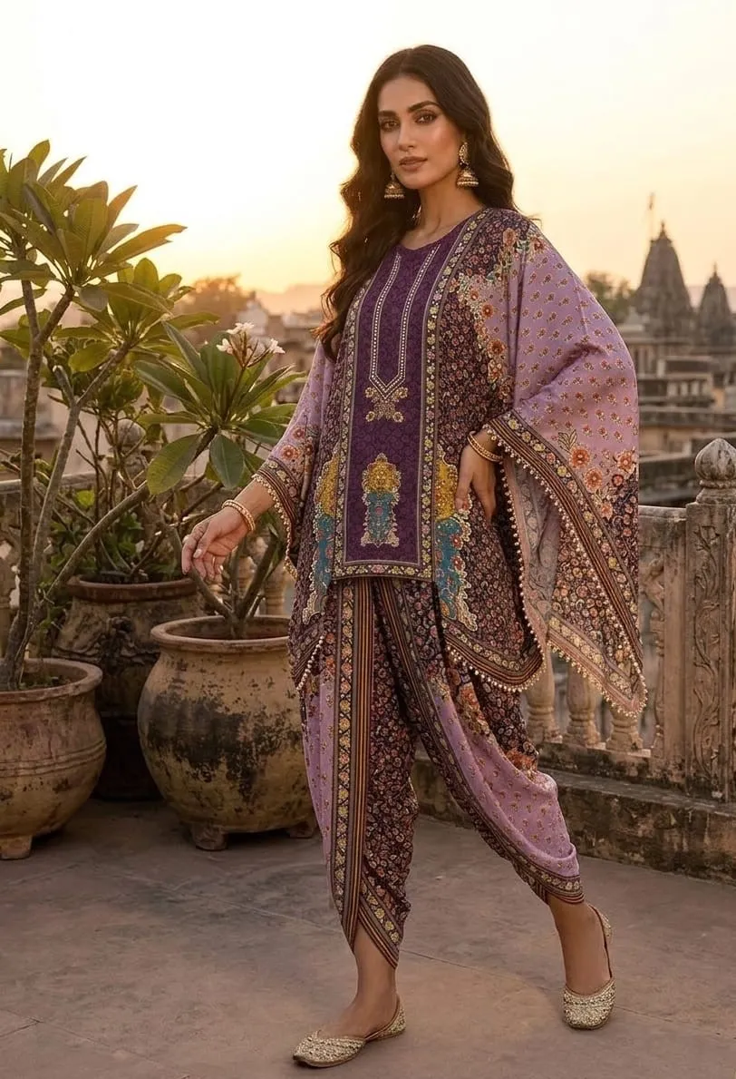 Women's Purple  Printed Kafftan Fusion wear Butterfly top and Dhoti