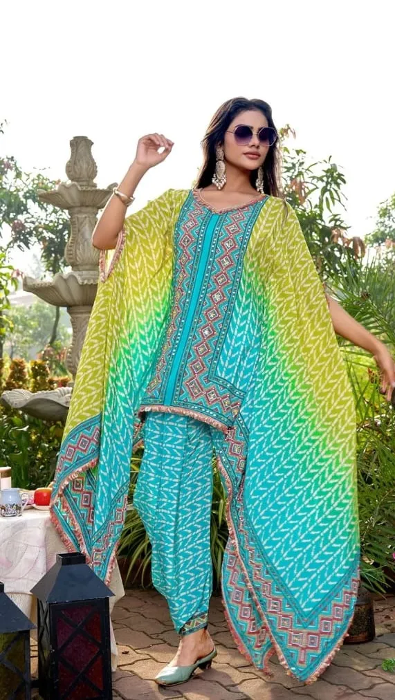Women's Yellow and Sky blue Crepe Kafftan Fusion Printed  Top & Bottom 