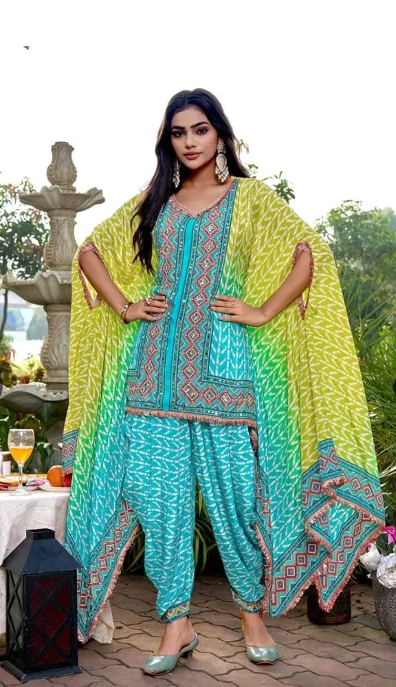 Women's Yellow and Sky blue Crepe Kafftan Fusion Printed  Top & Bottom 