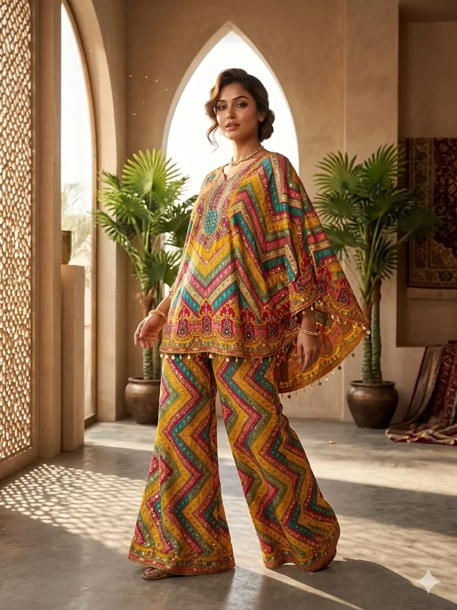 Women's Mustard Multi Natural Crape Kafftan Fusion Printed  Top & Plazzo