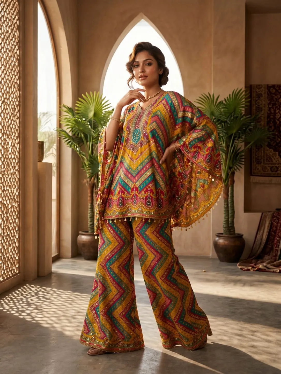 Women's Mustard Multi Natural Crape Kafftan Fusion Printed  Top & Plazzo