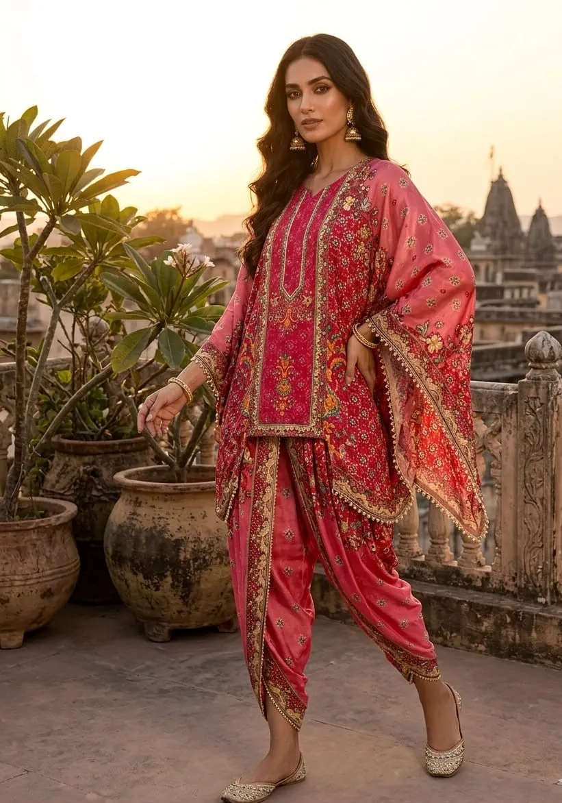 Women's Rani Pink Printed Kafftan Fusion wear Butterfly top and Dhoti