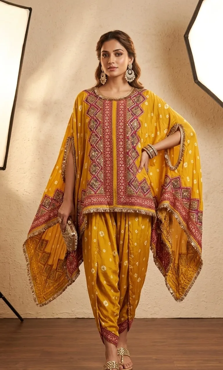 Women's Musterd Yellow and Sky blue Natural Crape Kafftan Fusion Printed  Top & Bottom 