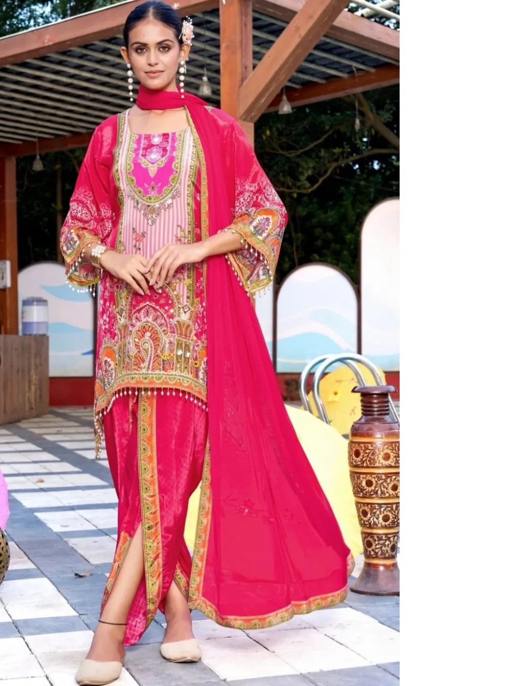 Women's Rani Pink Natural Crape A-line Kurta set  Printed  Top & Plazzo Pant with Dupatta