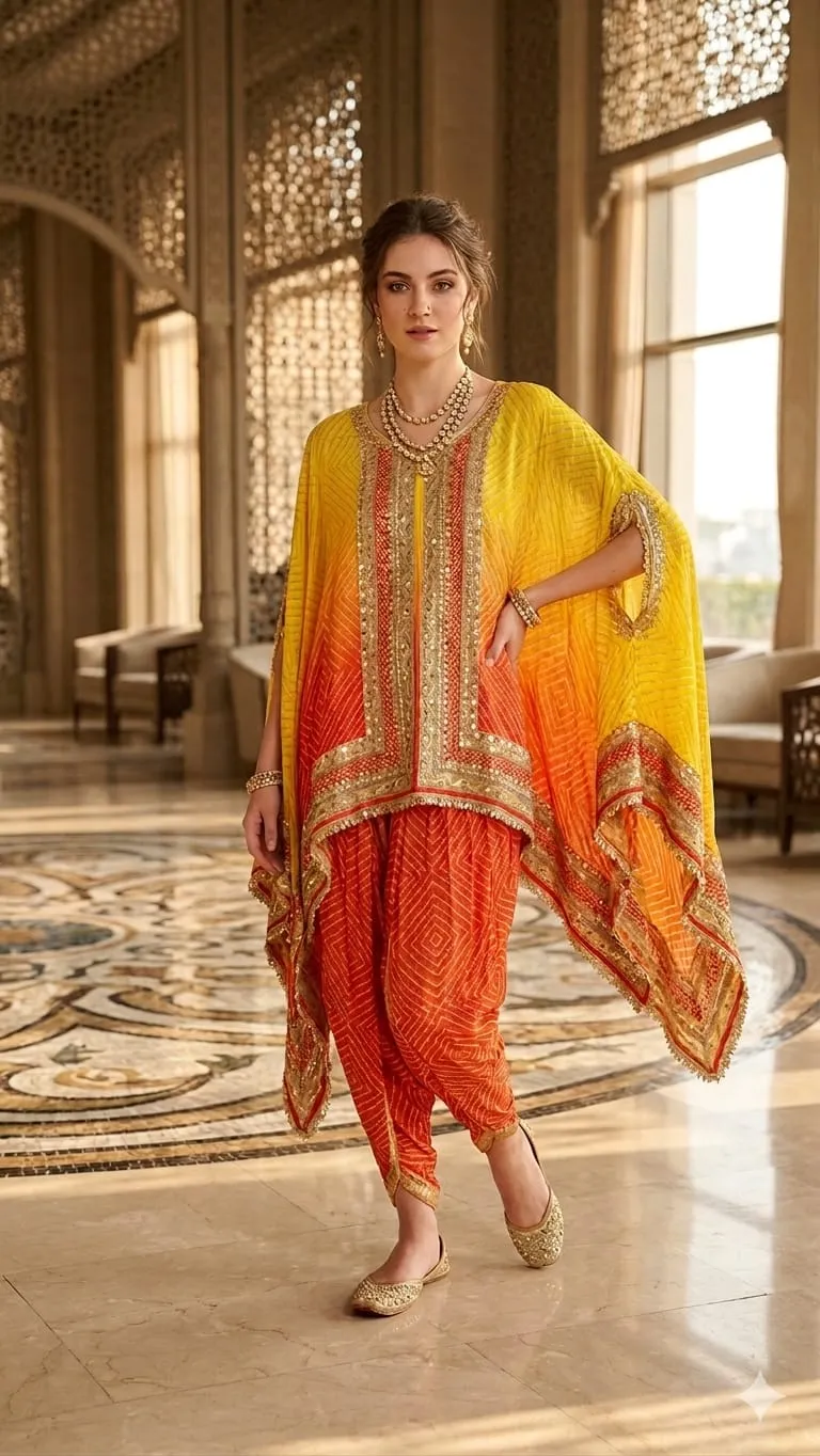Women's Yellow Orange Natural Crape Kafftan Fusion Printed  Top & Bottom 