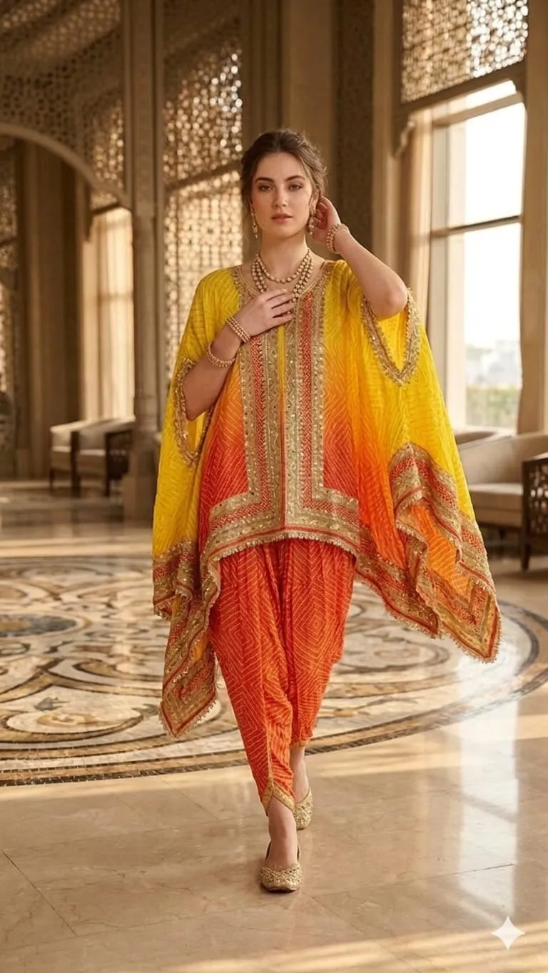 Women's Yellow Orange Natural Crape Kafftan Fusion Printed  Top & Bottom 
