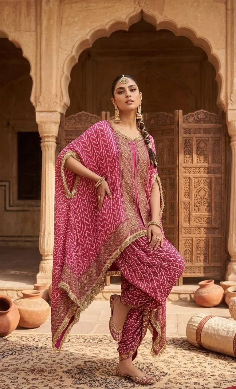 Women's Rani Pink Natural Crape Kafftan Fusion Printed  Top & Bottom 