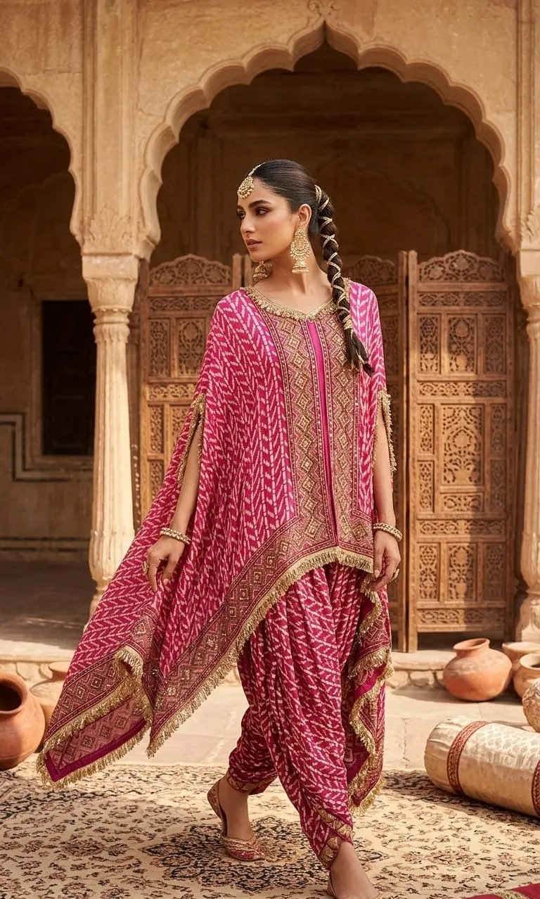 Women's Rani Pink Natural Crape Kafftan Fusion Printed  Top & Bottom 